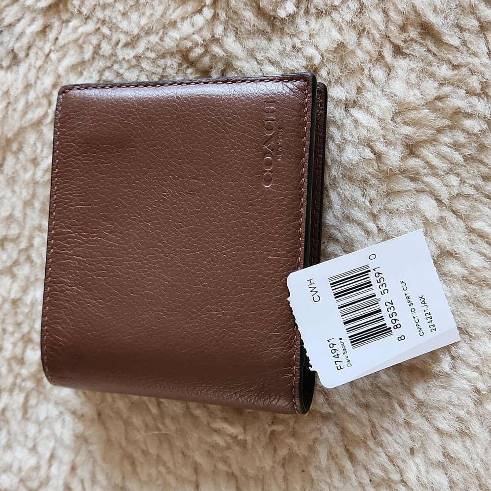 NWT Coach Men's Compact ID Dark Saddle Calf Leather 3-in-1 Wallet 🤎